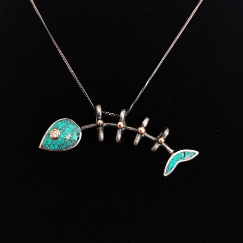 Handmade Sterling Silver Fish Bone Pendant: Turquoise Nautical Necklace
