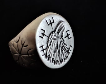 925 Sterling Silver Raven Ring with Viking Compass and Odin&#39;s Mythical Ravens, Nordic Jewelry Men, Silver Norse Ring, Silver Raven Jewelry..
