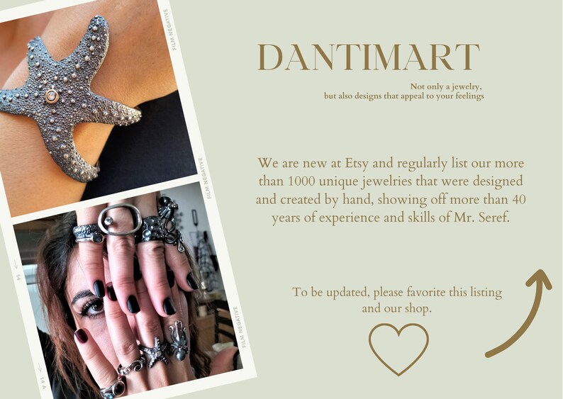 Puede incluir: La imagen muestra joyas hechas a mano, incluyendo una pulsera de estrella de mar y varios anillos. Los anillos presentan dise&ntilde;os &uacute;nicos. El texto en la imagen dice "DANTIMART" y menciona m&aacute;s de 1000 joyas &uacute;nicas.