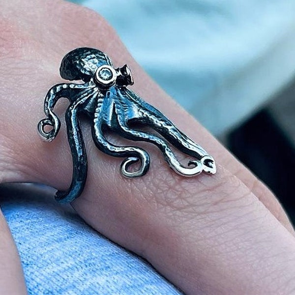 Handmade Sterling Silver Octopus Ring, Baby Octopus Jewellery