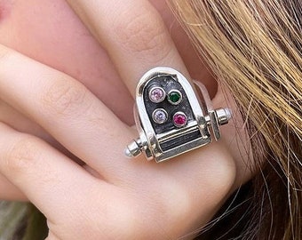 Creative Chunky Multi Stone Statement Ring, Custom Large Extraordinary Statement Ring, Unusual Multi Color Gemstone Ring, Steampunk Gift.