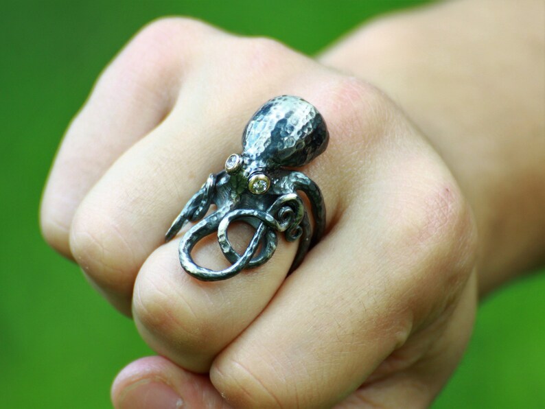 Adjustable 925 Sterling Silver Octopus Ring for Men Octopus Etsy
