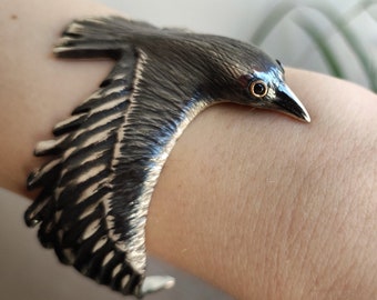 Adjustable Silver Raven Bracelet, Oxidized Sterling Silver Raven Cuff for Women, Silver Raven Jewelry, Wing Jewelry Bangle, Crow Bracelet