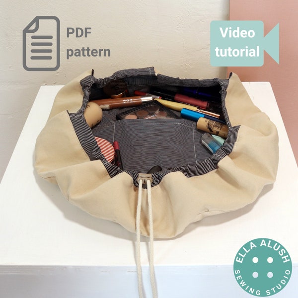 Patrón PDF de bolso de maquillaje con cordón y vídeo