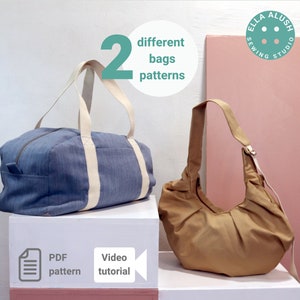 Könnte beinhalten: Zwei verschiedene Taschenmuster, eine blaue Reisetasche und eine braune Hobo-Tasche, vor weißem Hintergrund. Der Text "2 verschiedene Taschenmuster" befindet sich in einem türkisfarbenen Kreis. Der Text "PDF-Muster" und "Video-Tutorial" befindet sich unter den Taschen.