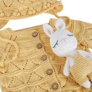 Organic Certified 100 % Cotton Hand Knitted Unisex Baby New Born Set ,Outfit ,Homecoming,Hand Crocheted Sleep Friend,Cardigan,Bonnet Set