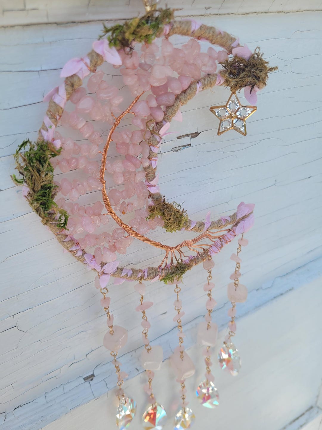 Rustic Crystal Suncatcher Moss Rose Quartz Crystals Cottagecore ...