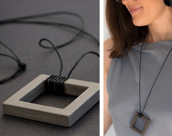 Long Geometric Design Statement Necklace | with a Big Square Pendant | Modern Handmade Jewelry | Creative Gift Idea for Women