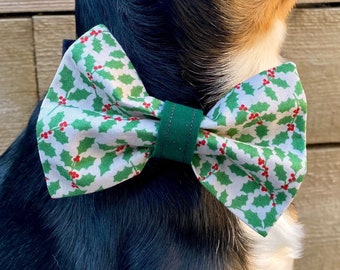 Christmas Holly and Ivy - Dog Bow - Bow Tie - Elastic Loop - Pet Neckwear - Pet Accessories - Christmas Dog Gifts