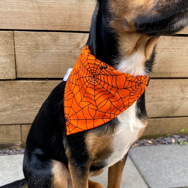 Spiders Web Orange and Black Halloween - Personalised Custom Fleece or Cotton Lined Dog Bandana - Over The Collar - Pet Neckwear Accessories