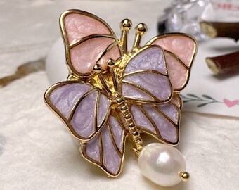 New mom gifts,Enamel butterfly brooch vintage with pearl,Mid century modern corsage pin,Personalized vintage style Jewelry gifts for new mom