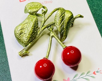 Mothers day gifts,Personalized cherry with Leaf dangle brooch vintage gifts,Genuine fruit style brooch,First time mom gift,Gift for grandma