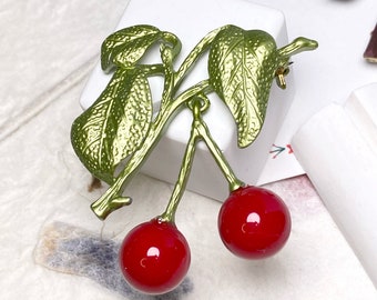 Unique mothers day gifts,Genuine fruit style brooch vintage,Cherry with leaf dangle brooch,Personalized fall jewelry gifts,Gifts for grandma
