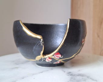 Kintsugi Bowl, Hand painted flowers
