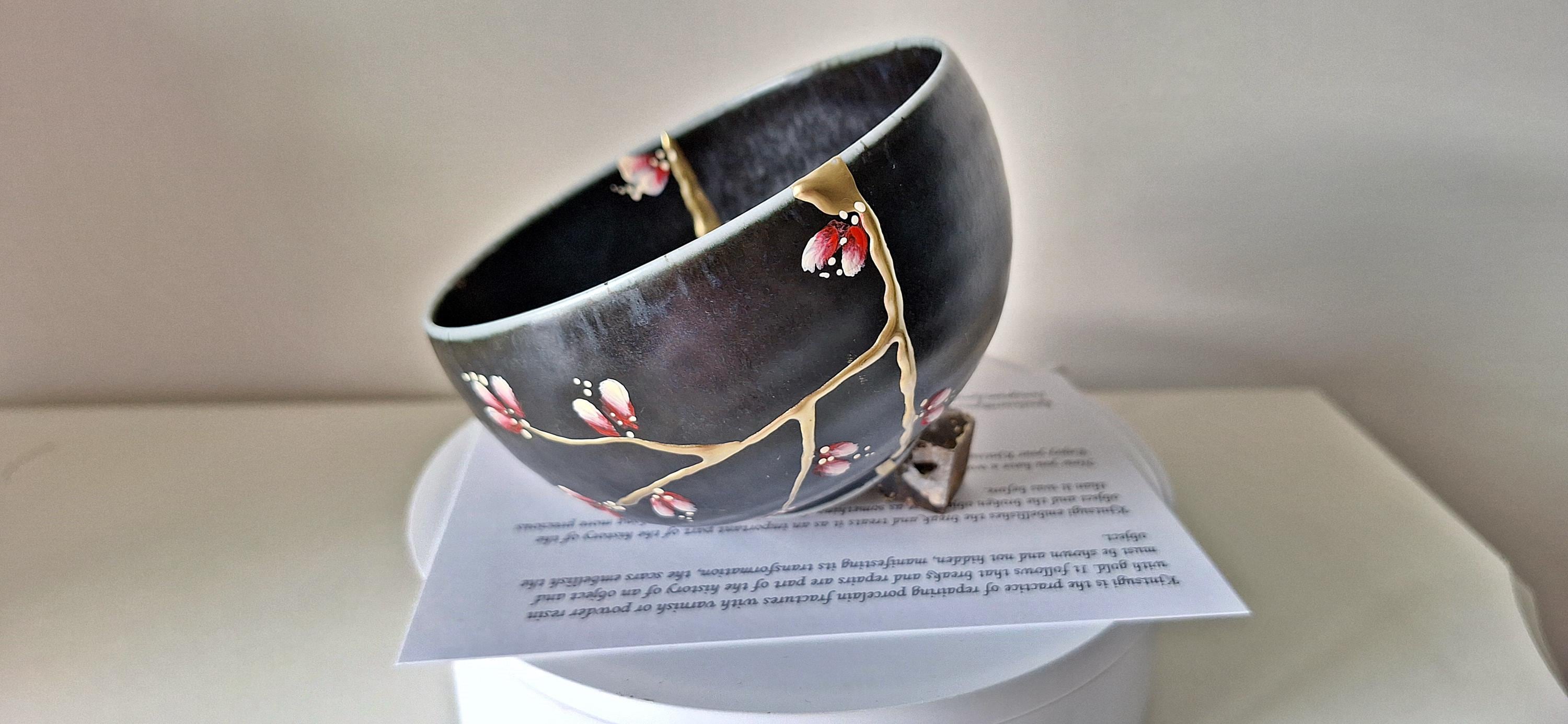 Kintsugi Bowl, Hand painted flowers