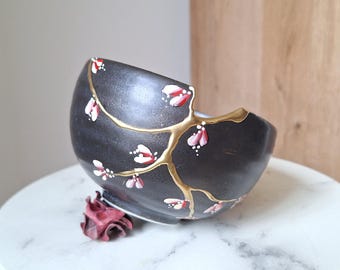 Kintsugi Bowl, Hand painted flowers