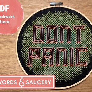 Don't Panic! A modern blackwork embroidery pattern.