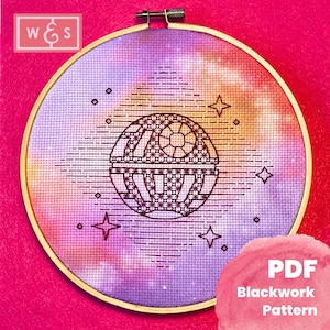 That's no moon! A modern blackwork embroidery pattern. Star Wars / Deathstar romantic pattern,  "love you to the moon and back"!