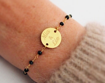 Bracelet personnalisé médaille à graver chaîne perles facettées noires en acier inoxydable ∙ cadeau fête des mères, bracelet personnalisé