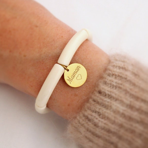 Bracelet élastique personnalisé médaille à graver perles tubes ∙ fête des mères, cadeau personnalisé, bracelet prénom