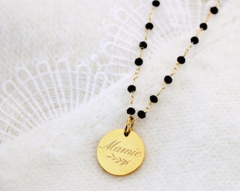 Collier personnalisé médaille à graver chaîne perles facettées noires en acier inoxydable ∙ collier fête des mères, cadeau personnalisé