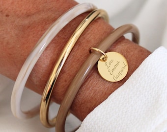 Bracelet jonc personnalisé avec médaille à graver en acier inoxydable doré ou argenté ∙ cadeau personnalisé, bijoux femme, cadeau pour elle