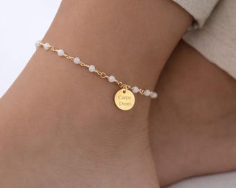 Bracelet de cheville personnalisé médaille à graver chaîne perles en acier inoxydable ∙ cadeau personnalisé, bijoux femme, cadeau pour elle