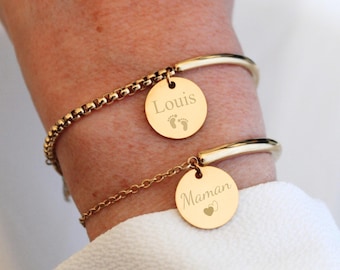 Bracelet personnalisé demi jonc et chaine médaille à graver en acier inoxydable ∙ fête des mères, cadeau personnalisé, bracelet prénom, jonc