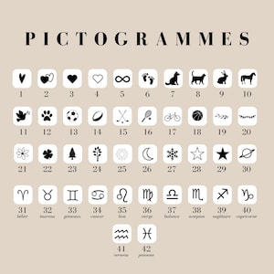 May include: Black and white pictograms on a beige background. The pictograms represent various symbols, including hearts, infinity signs, footprints, animals, sports, nature, and zodiac signs. The numbers 1 through 42 are listed below each pictogram.