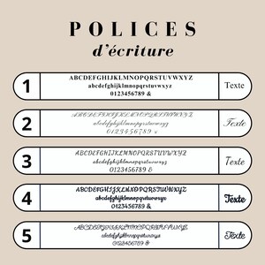 May include: Five different font styles for text, labeled 1 through 5. Each font style includes uppercase and lowercase letters, numbers, and symbols. The text "POLICES d'&eacute;criture" is at the top of the image.