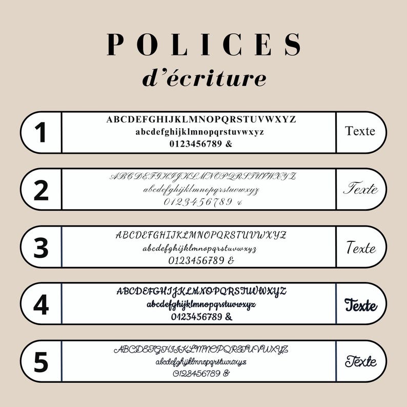 May include: Five different font styles for text, labeled 1 through 5. Each font style includes uppercase and lowercase letters, numbers, and symbols. The text "POLICES d'&eacute;criture" is at the top of the image.