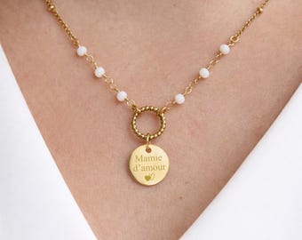 Personalized engraved medallion necklace in steel with a ball chain and white faceted beads ∙ Personalized gift, women's jewelry, gift for her
