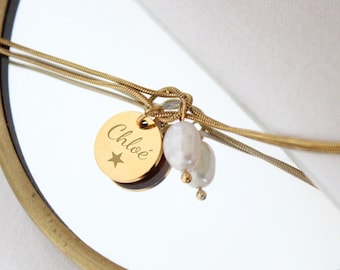 Personalized bracelet with engravable medallion, stainless steel serpentine chain and freshwater pearl ∙ personalized gift, gift for her