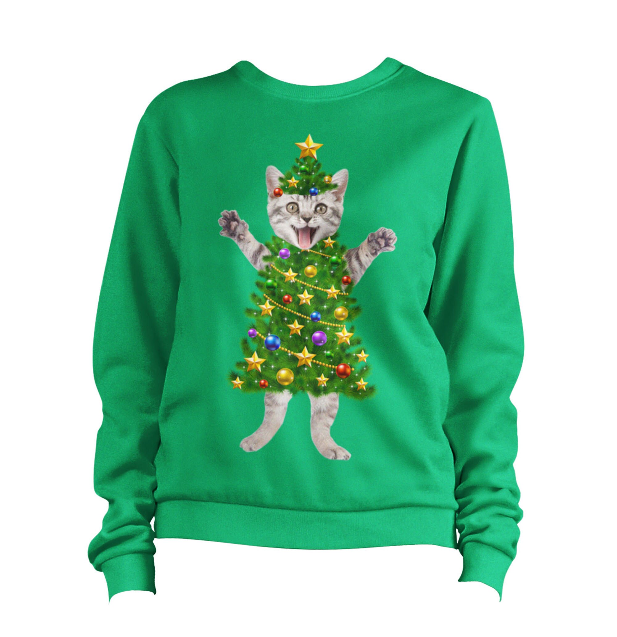 Discover Christmas Cat Tree Sweater Jumper Pullover Cute Funny Kitten Xmas Gifts