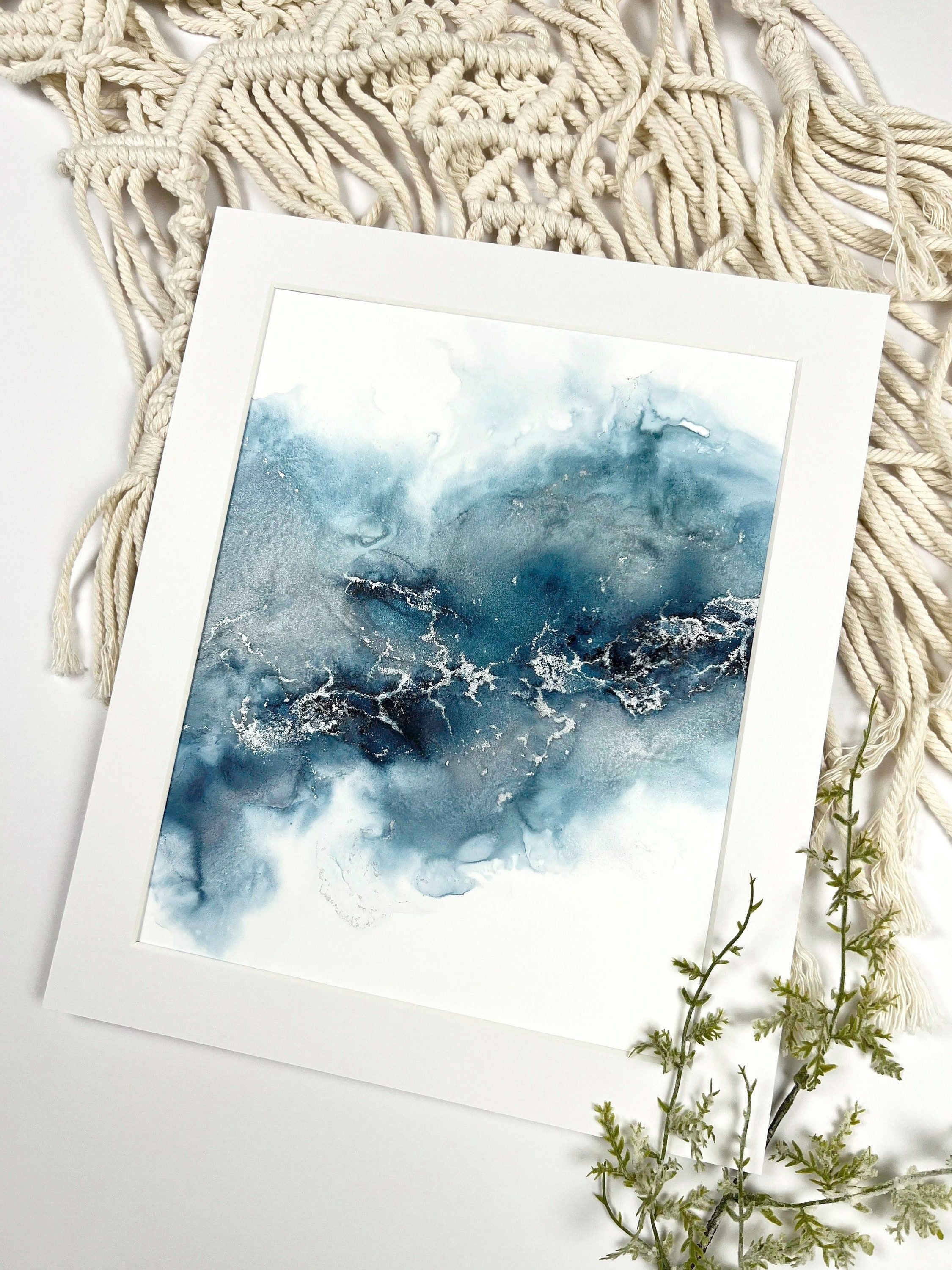 Original Alcohol Ink Art Blue and Silver Ocean Art Abstract Painting Fluid Art Home Décor Wall Art