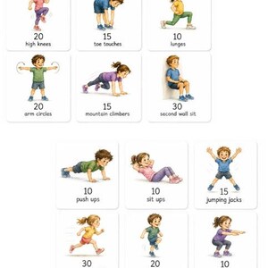 May include: A set of illustrated exercise cards featuring children demonstrating various exercises. Each card displays a different exercise, such as high knees, lunges, and squats, along with the number of repetitions or seconds.