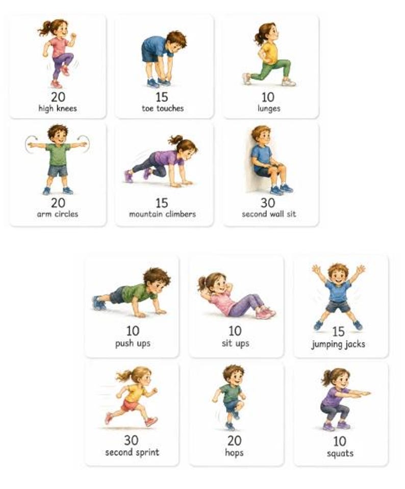 May include: A set of illustrated exercise cards featuring children demonstrating various exercises. Each card displays a different exercise, such as high knees, lunges, and squats, along with the number of repetitions or seconds.