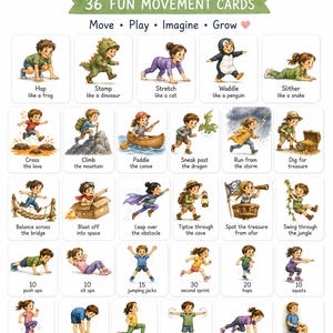 May include: A set of 36 Kids Movement Challenge Cards. Each card features a colorful illustration of a child performing a fun exercise, such as hopping like a frog or doing push-ups. The cards are designed for indoor play and brain breaks.