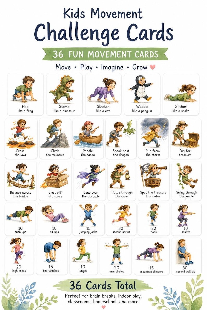 May include: A set of 36 Kids Movement Challenge Cards. Each card features a colorful illustration of a child performing a fun exercise, such as hopping like a frog or doing push-ups. The cards are designed for indoor play and brain breaks.