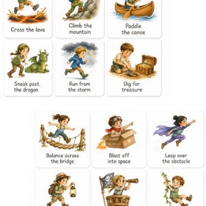 May include: Set of twelve illustrated cards depicting children in various adventurous scenarios. Scenes include crossing lava, climbing mountains, paddling canoes, and sneaking past dragons. Each card has a title describing the action.