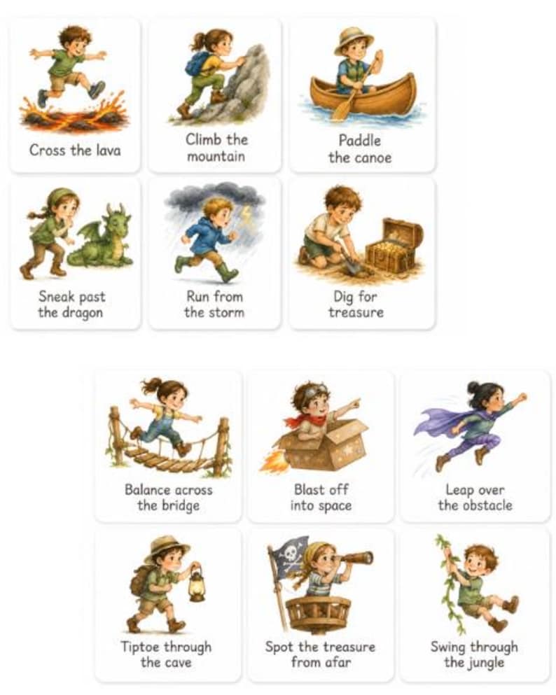 May include: Set of twelve illustrated cards depicting children in various adventurous scenarios. Scenes include crossing lava, climbing mountains, paddling canoes, and sneaking past dragons. Each card has a title describing the action.
