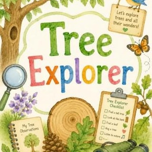 Puede incluir: Ilustración colorida con las palabras "Tree Explorer" en letras grandes y multicolores. La imagen incluye una lupa, binoculares, un bloc de notas, una sección transversal de árbol y una lista de verificación. Un pájaro azul está posado en un letrero que dice "Let's explore trees and all their wonders!"