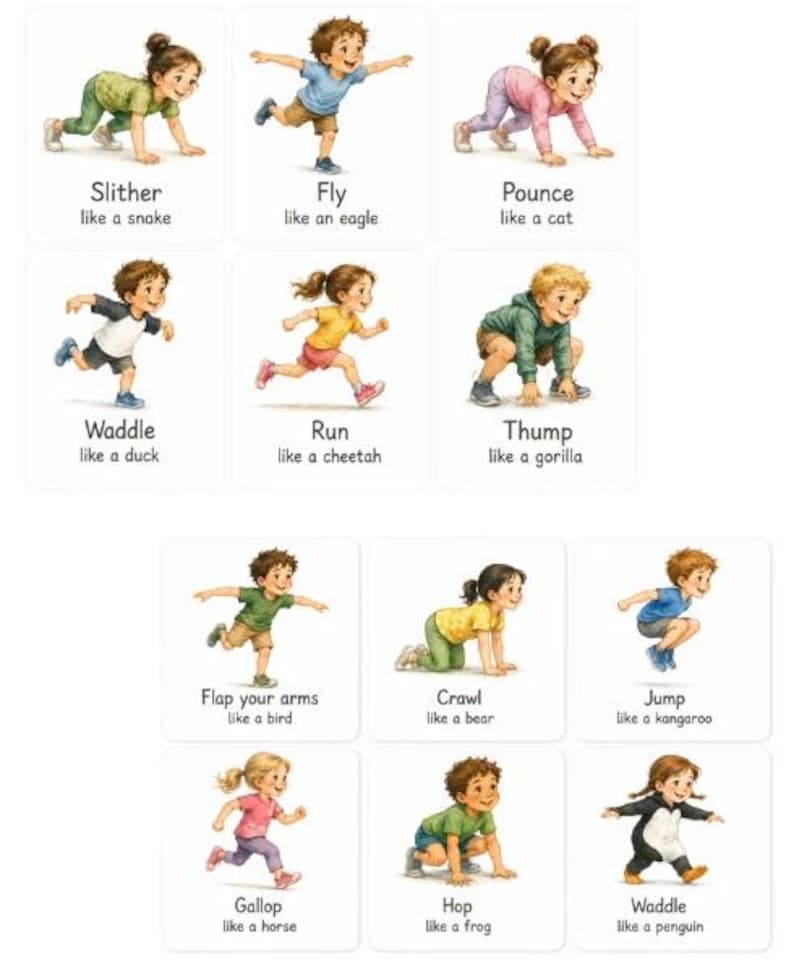May include: A set of illustrated cards depicting children imitating animal movements. Actions include slithering like a snake, flying like an eagle, and jumping like a kangaroo. Each card has text describing the action.