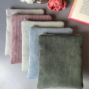 Può includere: Cinque pochette con cerniera in diversi colori, tra cui beige, rosa, blu e verde. Le pochette sono realizzate in un tessuto morbido e testurizzato e hanno un design a coste.