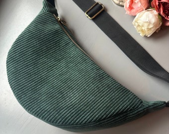 Sac demi-lune - velours côtelé vert foncé