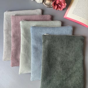 Może przedstawiać: Pięć kosmetyczek zapinanych na zamek błyskawiczny w różnych kolorach, w tym różowym, zielonym, niebieskim i beżowym. Kosmetyczki wykonane są z miękkiej, fakturowanej tkaniny i mają subtelny wzór w prążki.