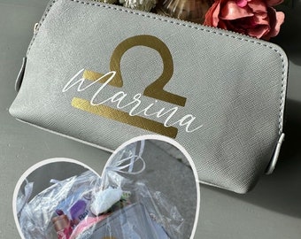 Personalized Cosmetic Bag with Name and Zodiac Light Grey