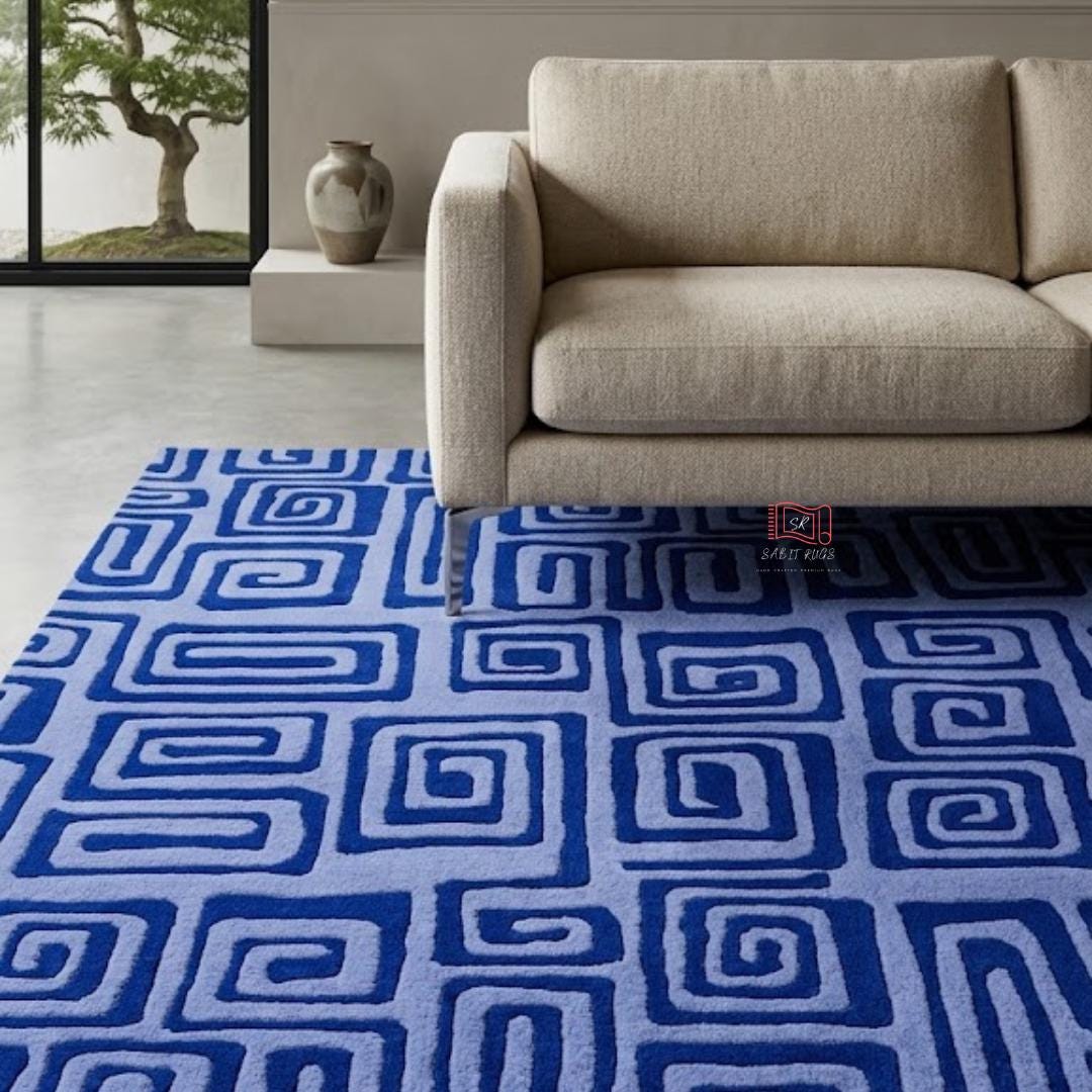 Blue Geometric Rug, Hand Tufted Wool Area Rug, Modern Abstract Spiral ...