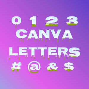 以下が含まれることがあります： 空と草のデザインのグラフィックデザインフォント。フォントには、数字、文字、#、@、&、$などの記号が含まれています。フォントの名前は「Canva Letters」です。
