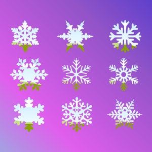 May include: Nine white snowflakes with a blue and green landscape inside each snowflake. The snowflakes are on a purple background.